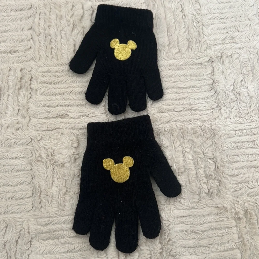 Black stretch knit gloves with gold color embroidered Mickey Mouse One size
